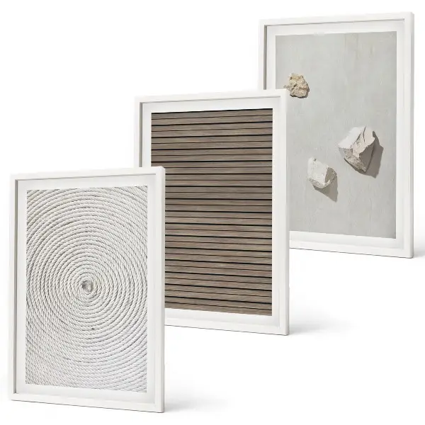 Three-piece wall art set with natural wood and stone textures