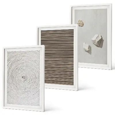 Three-piece wall art set with natural wood and stone textures