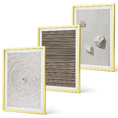 Three-piece wall art set with natural wood and stone textures