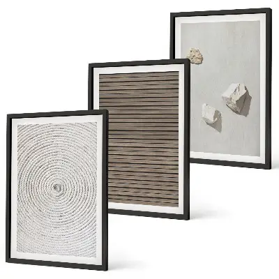 Three-piece wall art set with natural wood and stone textures