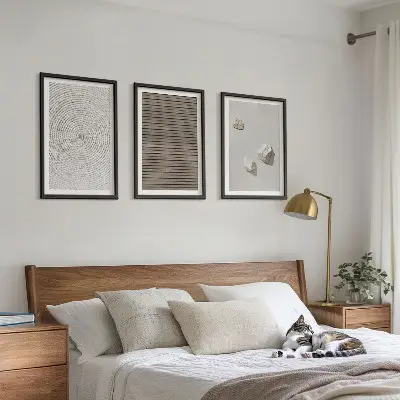 Three-piece wall art set with natural wood and stone textures