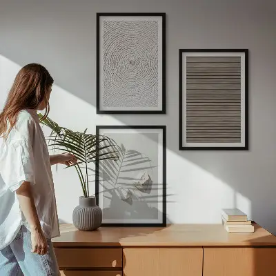 Three-piece wall art set with natural wood and stone textures