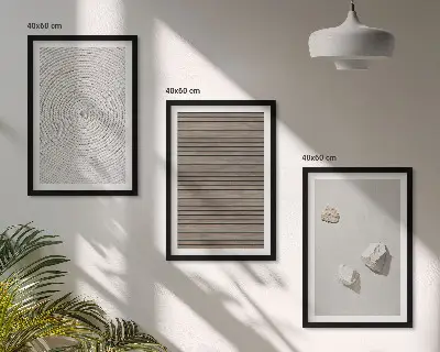 Three-piece wall art set with natural wood and stone textures