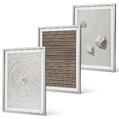 Three-piece wall art set with natural wood and stone textures