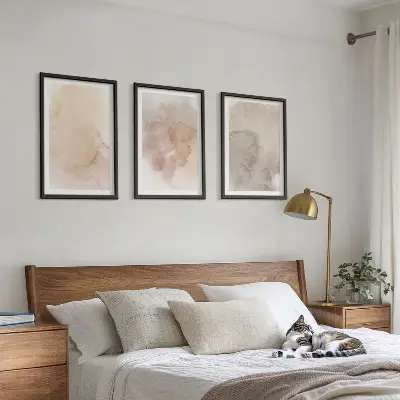 Set of 3 framed wall art pieces with warm watercolor pastel textures