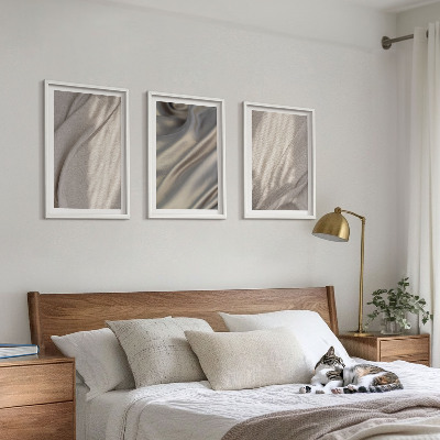 Set of 3 framed wall art pieces Natural boho fabrics close-up