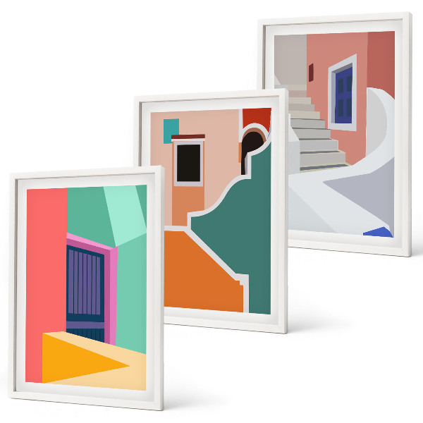 Set of 3 framed wall art pieces Colorful illustrations of buildings