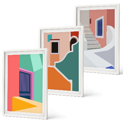 Set of 3 framed wall art pieces Colorful illustrations of buildings
