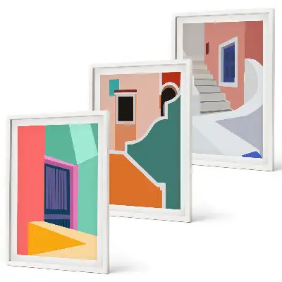 Colorful illustration of buildings wall art set of 3 framed pieces