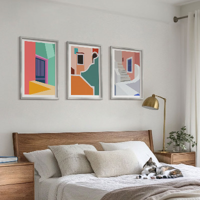 Set of 3 framed wall art pieces Colorful illustrations of buildings