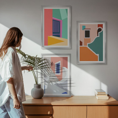 Set of 3 framed wall art pieces Colorful illustrations of buildings