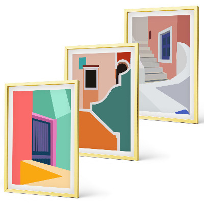 Set of 3 framed wall art pieces Colorful illustrations of buildings