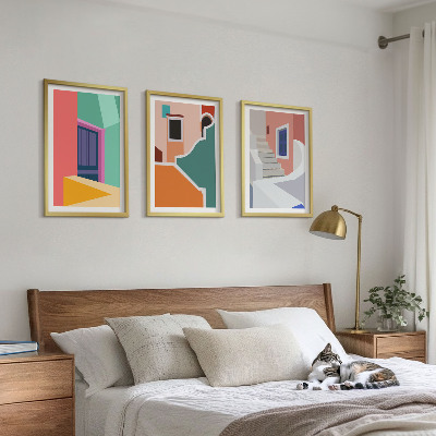 Set of 3 framed wall art pieces Colorful illustrations of buildings