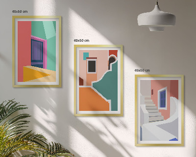 Set of 3 framed wall art pieces Colorful illustrations of buildings