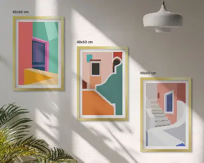 Colorful illustration of buildings wall art set of 3 framed pieces