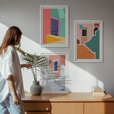 Set of 3 framed wall art pieces Colorful illustrations of buildings