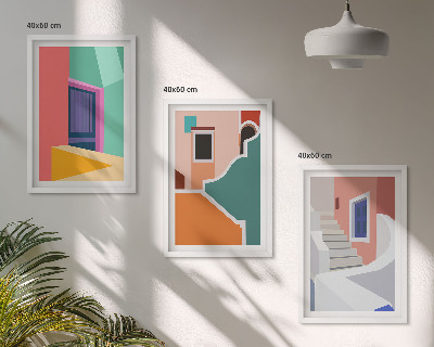 Set of 3 framed wall art pieces Colorful illustrations of buildings