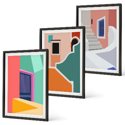 Set of 3 framed wall art pieces Colorful illustrations of buildings