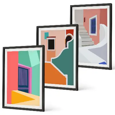 Colorful illustration of buildings wall art set of 3 framed pieces