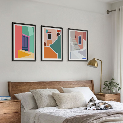 Set of 3 framed wall art pieces Colorful illustrations of buildings