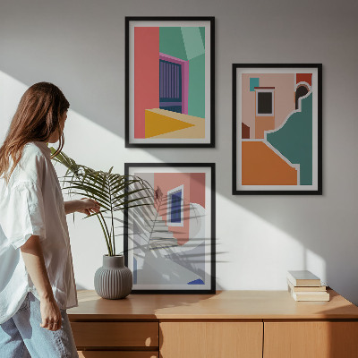 Set of 3 framed wall art pieces Colorful illustrations of buildings