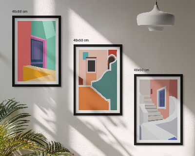 Set of 3 framed wall art pieces Colorful illustrations of buildings