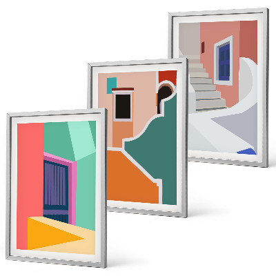 Set of 3 framed wall art pieces Colorful illustrations of buildings