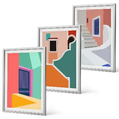 Colorful illustration of buildings wall art set of 3 framed pieces