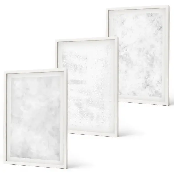 Set of 3 framed wall art pieces with a minimalist white spots background