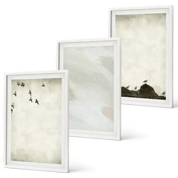 Three-piece brush stroke wall art birds and rocks decorative set