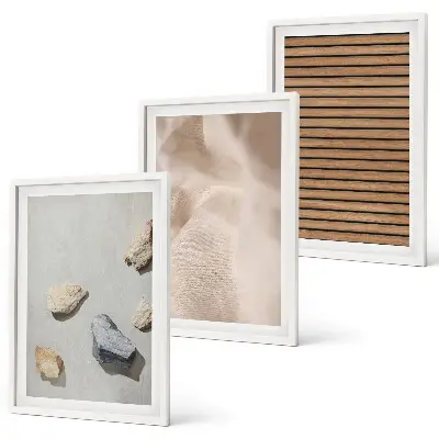 Three-piece wall art set with stones wood and fabric textures