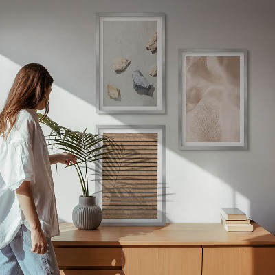 Three-piece wall art piece Stones wood fabric textures