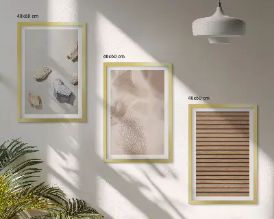 Three-piece wall art set with stones wood and fabric textures