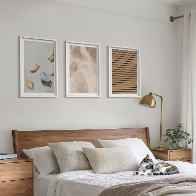 Three-piece wall art piece Stones wood fabric textures
