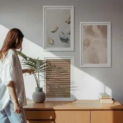 Three-piece wall art set with stones wood and fabric textures