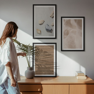 Three-piece wall art piece Stones wood fabric textures