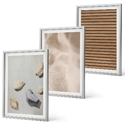 Three-piece wall art set with stones wood and fabric textures