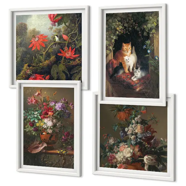 Vintage flowers cats and plants wall art set of 4 pieces
