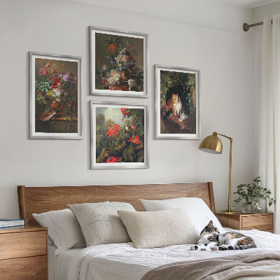 Set of 4 wall art pieces Vintage flowers cats plants