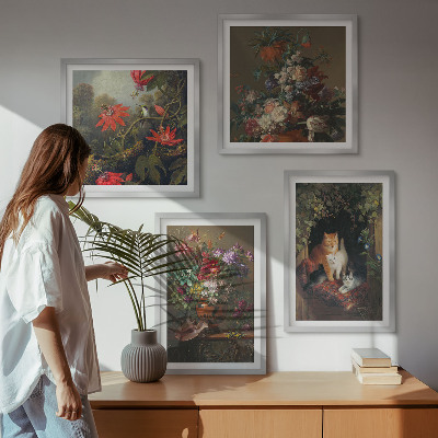 Set of 4 wall art pieces Vintage flowers cats plants