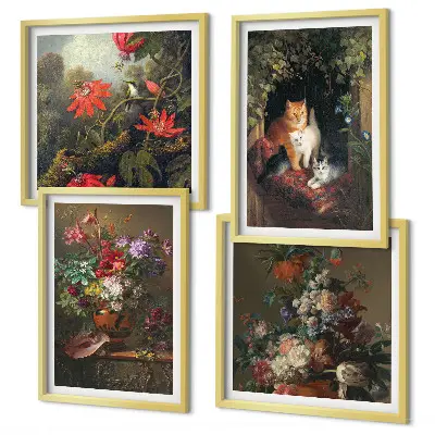 Vintage flowers cats and plants wall art set of 4 pieces
