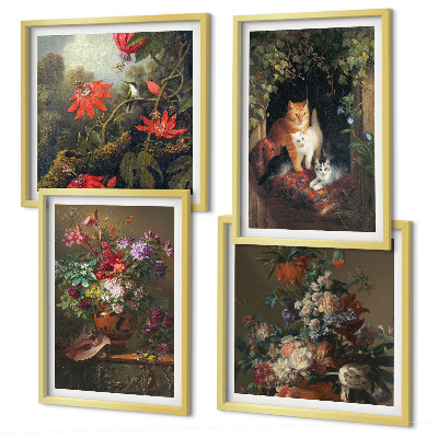 Set of 4 wall art pieces Vintage flowers cats plants