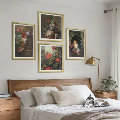 Vintage flowers cats and plants wall art set of 4 pieces