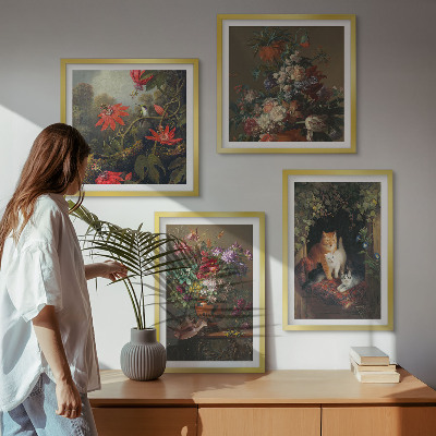 Set of 4 wall art pieces Vintage flowers cats plants