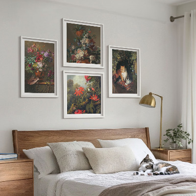 Set of 4 wall art pieces Vintage flowers cats plants