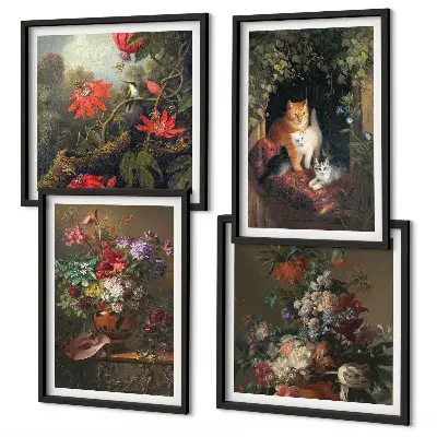Vintage flowers cats and plants wall art set of 4 pieces