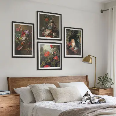Vintage flowers cats and plants wall art set of 4 pieces