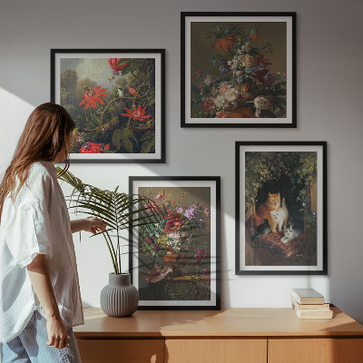 Set of 4 wall art pieces Vintage flowers cats plants