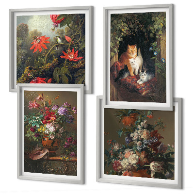 Set of 4 wall art pieces Vintage flowers cats plants