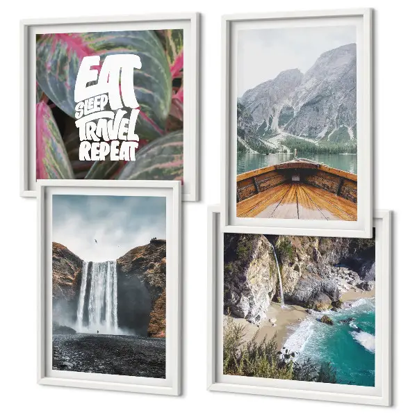 Multi-piece wall art set featuring a mountain waterfall landscape